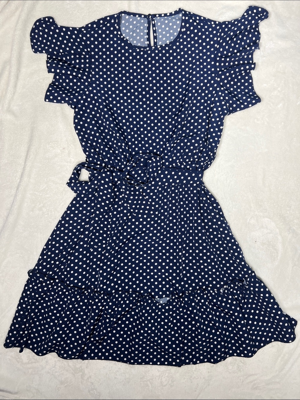 Women’s Navy Polka Dot Midi Dress with Belt